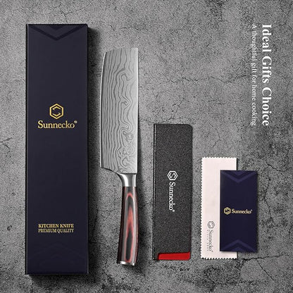 Sunnecko Japanese Nakiri Knife 7 Inch - Carbon Steel Chef Knife Vegetable Cleaver with Sheath, Kitchen Gift for Home Cooks, Professional Kitchen Knife Gift Box - Image 6