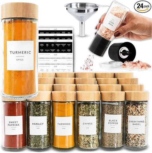 SAVVY & SORTED Glass Spice Jars with Label, 24PK Round Bamboo Jar Spices Set 4oz, 374 Spice Labels, Pepper Grinder, Empty Herb Seasoning Containers, Funnel and Shaker Lids by SAVVYSORTED%C2%AE