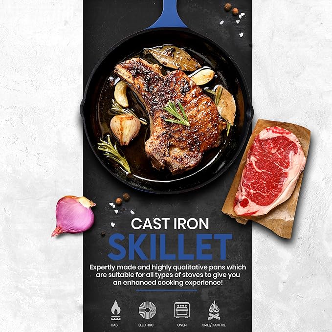 Utopia Kitchen Cast iron Skillets 3 Piece Set, Chefs Pan, Pre Seasoned Cast iron Skillets, 6, 8 & 10 Inches, Easy Use in the Oven, Stove, Grill, or Campfire, Blue - Image 5