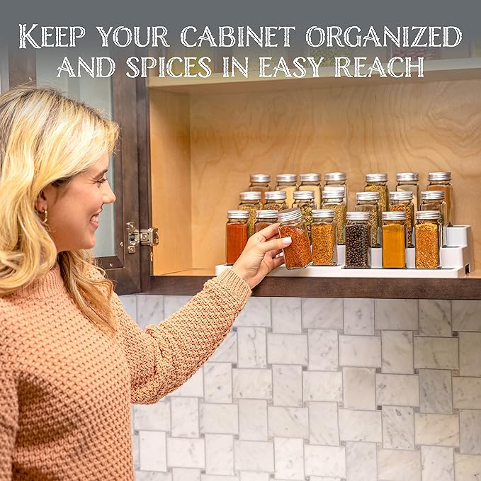 Oizeir Plastic 3-Tier Expandable Spice Rack, Adjustable Length, Stability with Non-Skid Shelf, For Easy Visibility, Organizer for Kitchen Cabinet, Pantry or Countertop, (2-Pack), White/Grey - Image 6