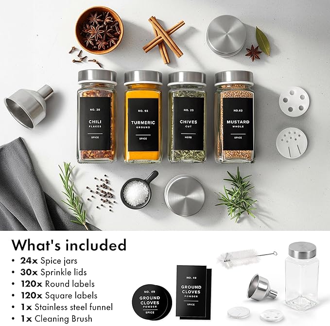 EDELHAUS Glass Spice Jars with Labels and Steel Lids (24 x 4oz) Spice Containers with 240 Label, Steel Funnel, Shaker Inserts, Empty Square Seasoning Organizer for Spice Rack, Cabinet, Drawer - Image 8