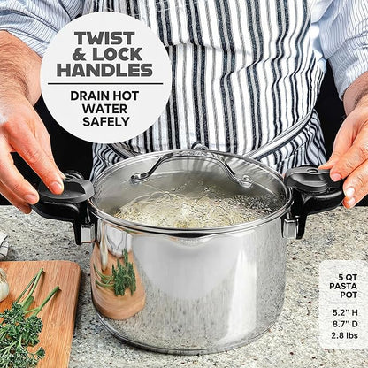 GOTHAM STEEL 5 Qt Stainless Steel Stock Pot Multipurpose Pasta Pot with Strainer Lid & Twist and Lock Handles, for Soup, Spaghetti, Rice, Induction Ready, Dishwasher Safe - Image 3