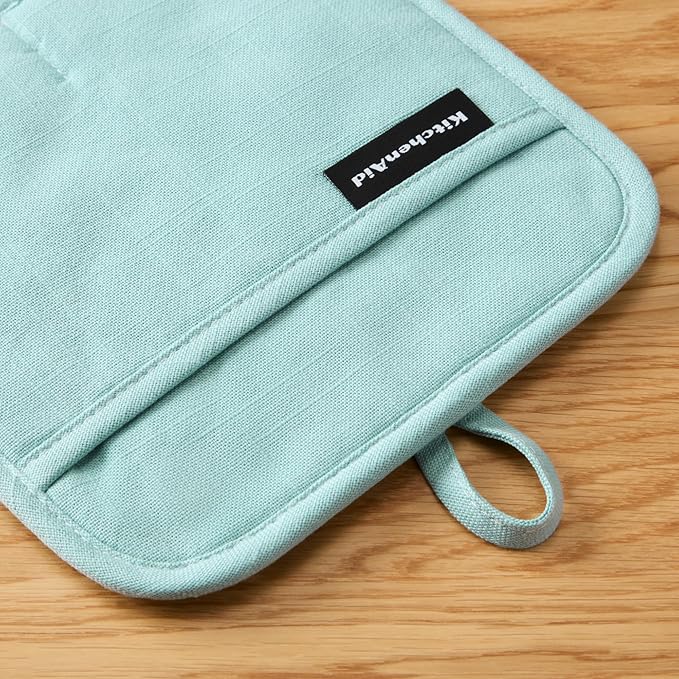 KITCHENAID Gourmet Series Gridlines Pot Holders 2-Pack Set, Heat Resistant up to 600°F, Soft Silicone Grip, Magnetic Cuff, Mineral Water Aqua, 8"x8" - Image 3