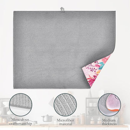 Humming Bird Dish Drying Mats 18x24 Inch,Tropical Flowers Dish Pad Drying Rack Mat for Kitchen Counter Ultra Absorbent Microfiber Dishware Coffee Maker Bar Countertop Decor