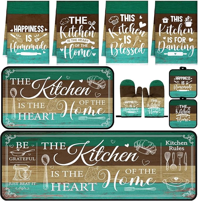 Fourluoo 10 Pcs Farmhouse Kitchen Decor and Accessories Set 4 Kitchen Towels 2 Pot Holders 2 Oven Mitts 2 Rugs for Cooking Baking Mom Housewarming Gifts(Green,Classic Style) by Fourluoo