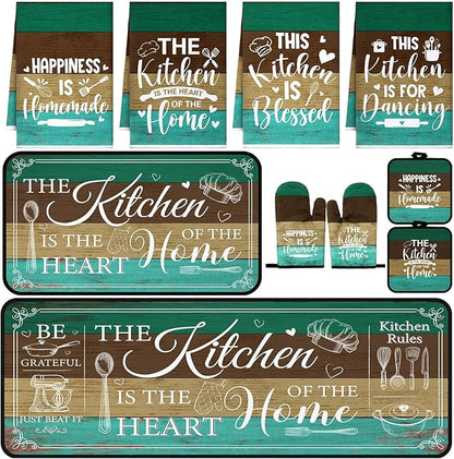 Fourluoo 10 Pcs Farmhouse Kitchen Decor and Accessories Set 4 Kitchen Towels 2 Pot Holders 2 Oven Mitts 2 Rugs for Cooking Baking Mom Housewarming Gifts(Green,Classic Style) by Fourluoo