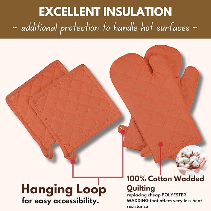 Native Fab 4 Piece Set - 2 Oven Mitts & 2 Potholders, Heat Resistant, 100% Cotton, Quilted Design, Non-Slip Grip, Machine Washable, Ideal for Baking, Cooking, BBQ, Kitchen Protection - Orange - Image 7