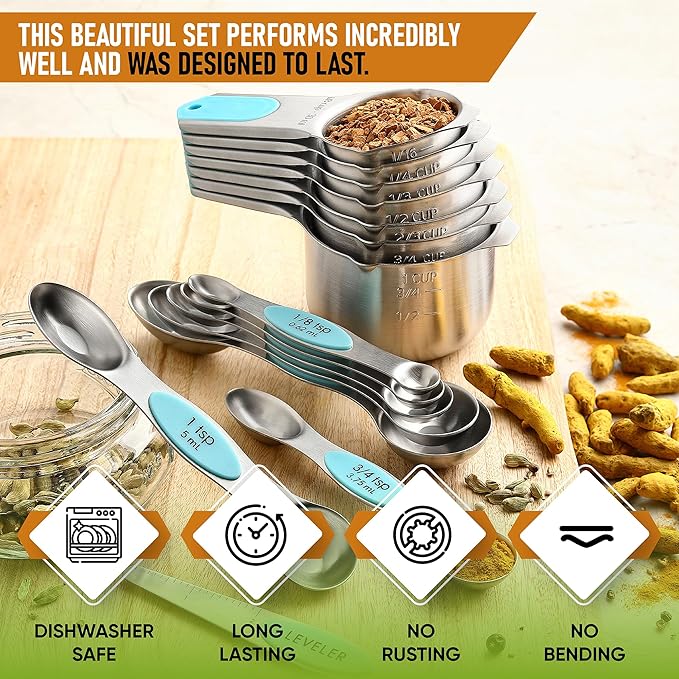 Spring Chef Magnetic Measuring Cups & Spoons Set, Patented, Strong Magnets, Heavy Duty Stainless Steel Fits in Spice Jars for Baking & Cooking, BPA Free, Round Set of 15 with Leveler, Aqua Sky - Image 2