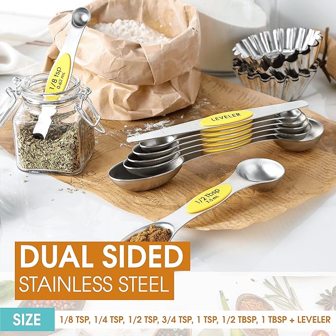 Spring Chef Yellow Stainless Steel Magnetic Measuring Spoons Set of 8 with Leveler, Dual Sided Metal Teaspoon & Tablespoon Measuring Spoons, Kitchen Gadgets for Baking & Cooking, Fits in Spice Jars - Image 4