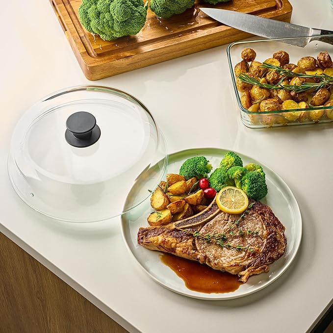 Le'raze 10inch Glass Microwave Splatter Cover for Food - 100% Food Grade BPA & Lead Free - Dishwasher Safe - Cookware & Bakeware Serving Dish Plate Mess Guard Lid with Easy Grip Silicone Handle Knob - Image 6