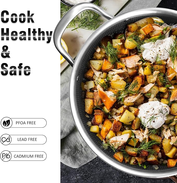 AuFranc™ Hybrid Nonstick 6 Quart Stainless Steel Stockpot with Glass Lid, Induction Stock Pot with Honeycomb Carving, Non-stick Soup Pot Compatible with All Cooktops, Non-Toxic, Dishwasher & Oven Safe - Image 3
