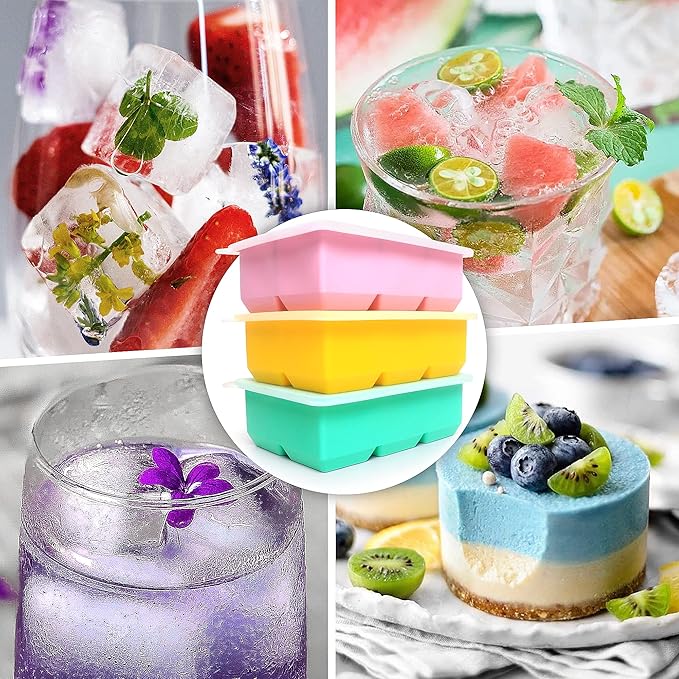 Excnorm Silicone Ice Cube Trays 3 Pack - Large Size Silicone Ice Cube Molds with Leak Proof Removable Lid Square Ice Cube Tray And BPA Free for Cocktail,Whiskey, Stackable Flexible Ice - Image 2