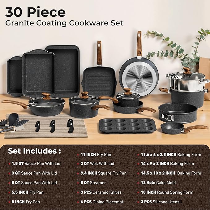 30 Piece Pots and Pans Set Non Stick, Granite Induction Cookware Sets, Nonstick Kitchen Cookware Sets, Non Toxic Cookware Set with Frying Pans and Saucepan, Kitchen Pots and Pans Set, Black - Image 6