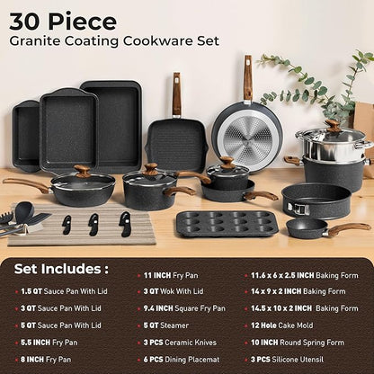 30 Piece Pots and Pans Set Non Stick, Granite Induction Cookware Sets, Nonstick Kitchen Cookware Sets, Non Toxic Cookware Set with Frying Pans and Saucepan, Kitchen Pots and Pans Set, Black - Image 6