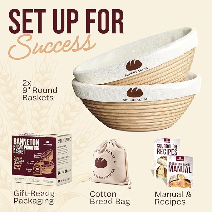 Superbaking 2 pcs Banneton Bread Proofing Basket, 9" Splinter-Free Round Rattan Bread Basket with Liners, Sourdough Starter Kit, Sourdough Bread Baking Supplies & Sourdough Kit, Bread Making Tools - Image 8