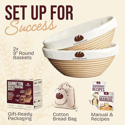 Superbaking 2 pcs Banneton Bread Proofing Basket, 9" Splinter-Free Round Rattan Bread Basket with Liners, Sourdough Starter Kit, Sourdough Bread Baking Supplies & Sourdough Kit, Bread Making Tools - Image 8