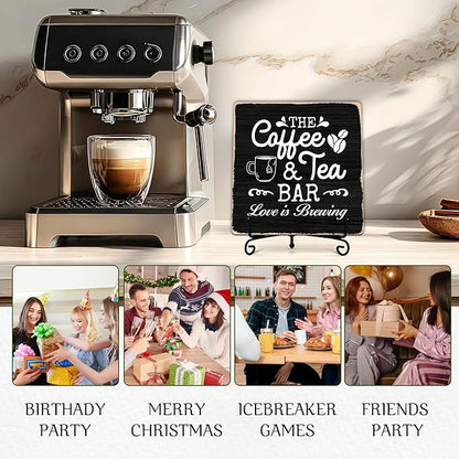 Coffee Bar Sign, Love is Brewing Farmhouse Tabletop Decor, Coffee and Tea Lover Gifts, 5x5 Wood Plaque with Iron Stand for Home Kitchen Cafe, Coffee Bar Decor – L01 - Image 5