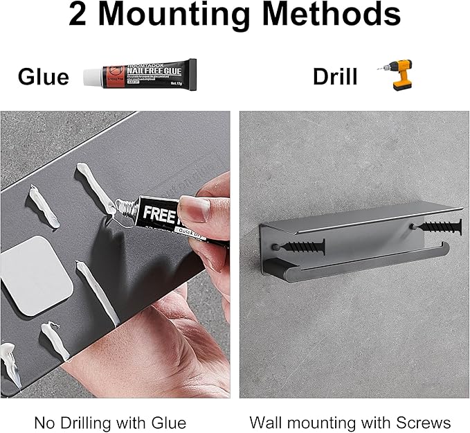 DUFU Paper Towel Holder with Shelf for Kitchen, Paper Towel Holder Wall Mount for Bathroom, Self-Adhesive Anti-Rust Aluminum, No Drill or Wall-Mounted with Screws (Grey)