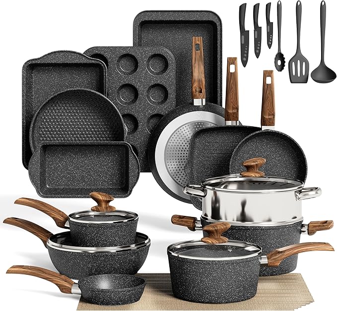 MAISON ARTS Pots and Pans Set Non Stick, 30 Piece Kitchen Cookware & Bakeware Sets with Granite Coating, Pots and Pans Sets for Cooking Nonstick, Black by MAISONARTS