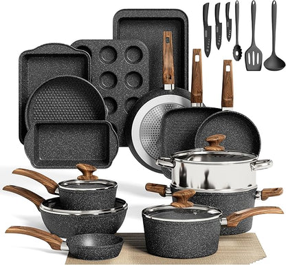 MAISON ARTS Pots and Pans Set Non Stick, 30 Piece Kitchen Cookware & Bakeware Sets with Granite Coating, Pots and Pans Sets for Cooking Nonstick, Black by MAISONARTS