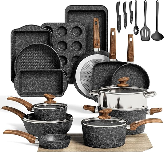 MAISON ARTS Pots and Pans Set Non Stick, 30 Piece Kitchen Cookware & Bakeware Sets with Granite Coating, Pots and Pans Sets for Cooking Nonstick, Black by MAISONARTS