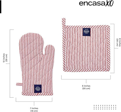 Encasa XO Heat Resistant 100% Cotton Oven Glove & Potholder Set with Loop, Kitchen Cooking Mittens, Microwave Safe Hot Pads (Ticking Red)