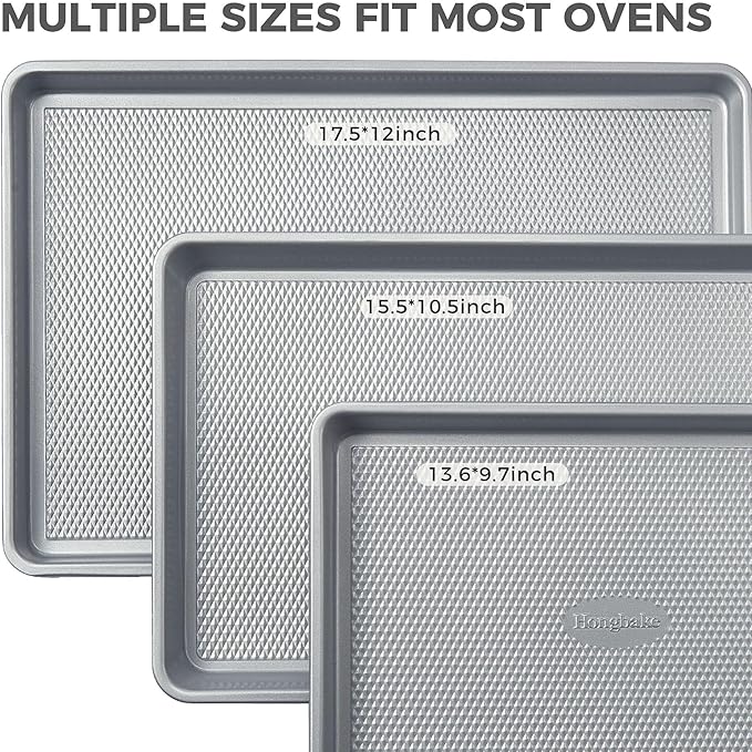 HONGBAKE Naturally Non Toxic Baking Sheet Pan Set of 3, Heavy Duty Aluminized Steel Cookie Sheets, Half/Quarter/Jelly Roll Pans with Textured Nonstick Surface, Free of PTFE & PFOA - Image 6