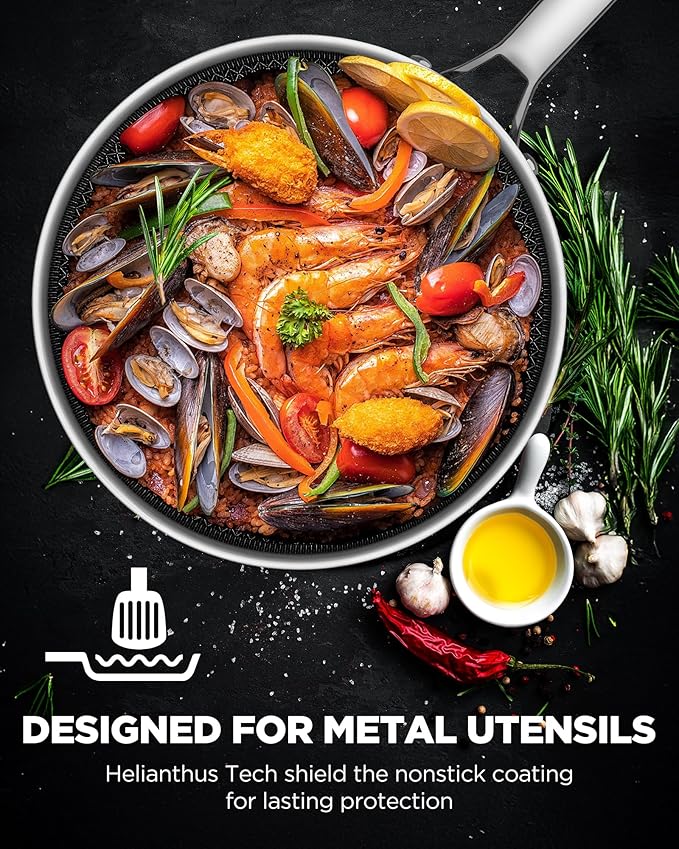 Roomena Frying Pans Nonstick with Lid, Hybrid Ceramic Nonstick Tri-Ply Saute Pan with Lid, PFAS/PFOA/PTFE Free, Metal Utensil Safe, Dishwasher & Oven Safe, Induction Compatible