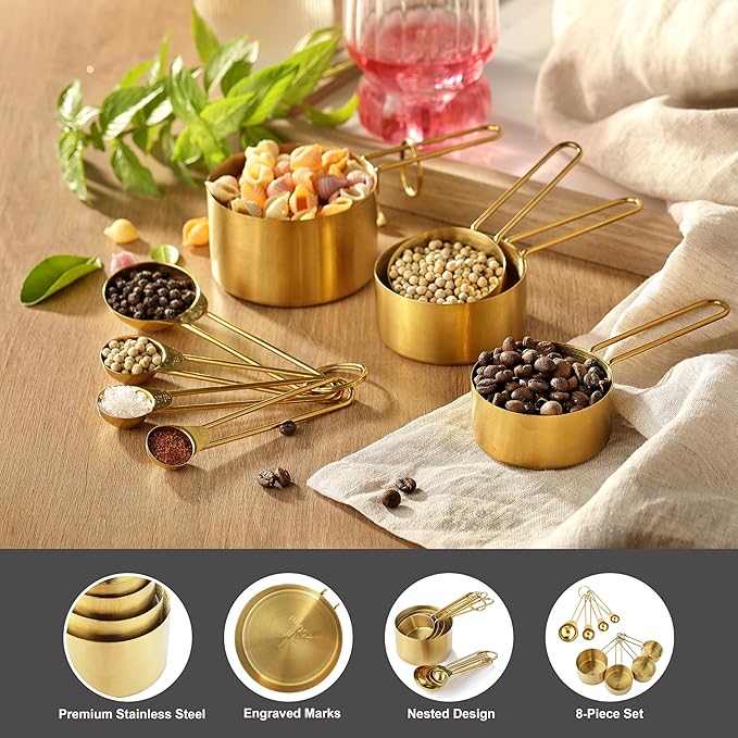 Measuring Cups and Spoons Set, Kaloo 8PCS Stainess Steel Metal Measuring Cups, Gold Finish, Ideal for Cooking and Baking - Image 3