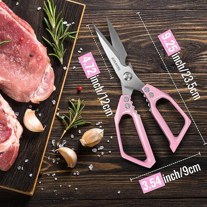 5-in-1 Multifunctional Heavy-Duty Korean Kitchen Scissors with Tweezer, Pink All Purpose Kitchen Shears with Stainless Steel Blades, Dishwasher Safe Bone Cutting scissors for Meat, Vegetables