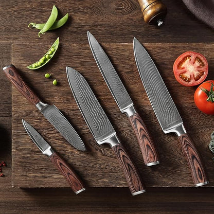 Wakoli EDIB 5-Piece Damascus Knife Set, Professional Kitchen Knives made of 67-Layer Damascus Steel with VG10 Core Blades, Ergonomic Pakkawood Handles, In Wooden Gift Box