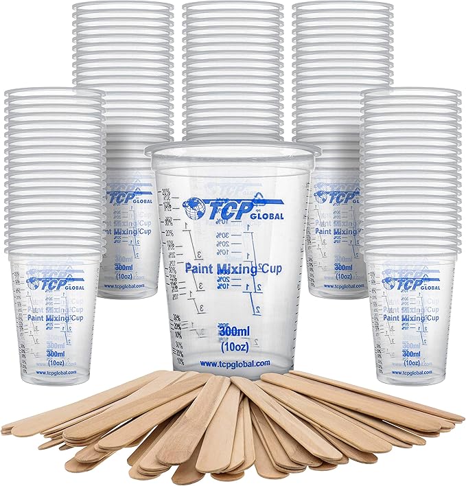 TCP Global 10 oz. (300ml) Graduated Plastic Mixing Cups - Box of 100 with 50 Mixing Sticks - Disposable Plastic Measuring Cups for Liquids, Paints, Resin, Epoxy, Art, Kitchen - Ratios 2-1, 3-1, 4-1 ML by TCPGlobal