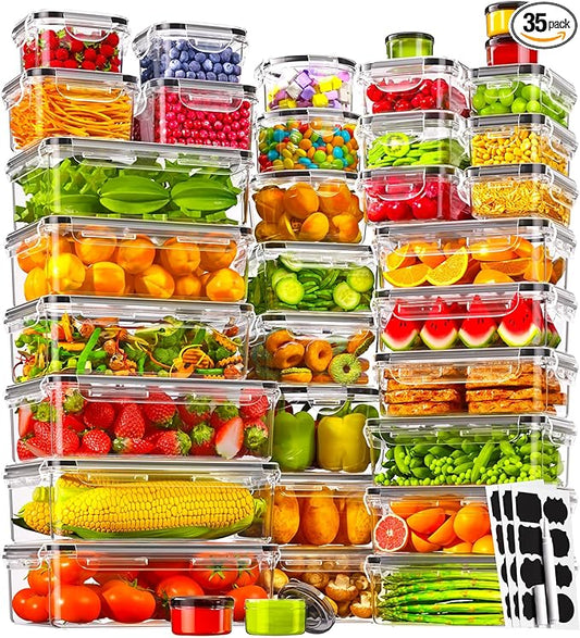KEMETHY 70 PCS Food Storage Containers with Lids(35 Containers & 35 Lids), BPA-Free Plastic Food Containers for Kitchen Storage, Leak Proof, Reusable Meal Prep Containers with Labels & Pen by KEMETHYFocusesonCreatingEfficientStorageProductswithQualityMaterials