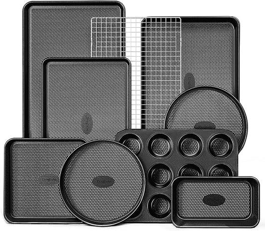 HONGBAKE 9-Piece Baking Pans Set Nonstick, Stackable Non Toxic Bakeware Sets with Diamond Texture, Oven Pan Set for Cooking, Includes Cookie Sheet with Rack, Cake Pan, Roasting Pan, Muffin Tin, Gray by HONGBAKE