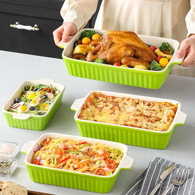 MALACASA Bakeware Set of 4, Porcelain Baking Pans Set for Oven, Casserole Dish, Ceramic Rectangular Baking Dish Lasagna Pans for Cooking Cake Kitchen, Green (9.4"/11.1"/12.2"/14.7"), Series BAKE.BAKE - Image 7