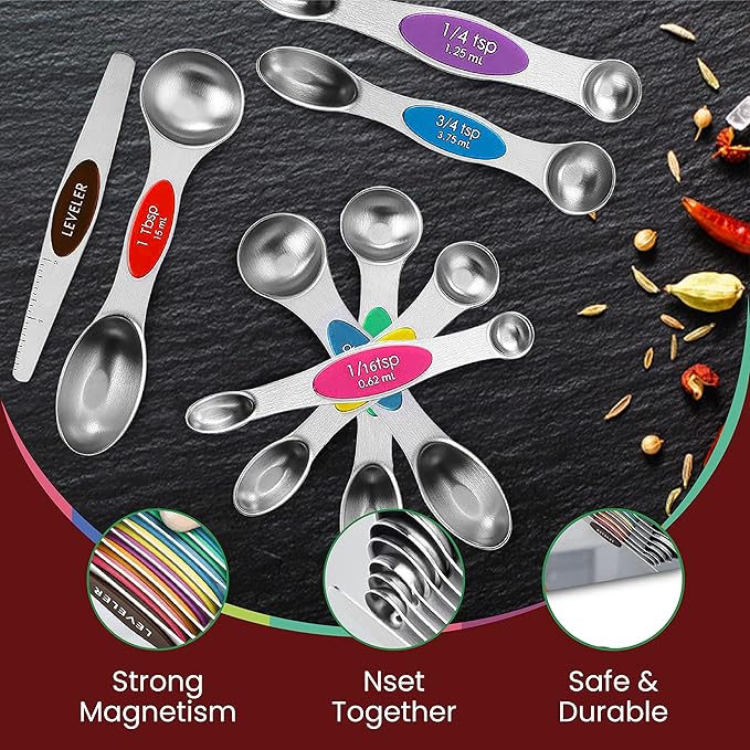 Magnetic Measuring Spoons Set of 9 Stainless Steel Dual-Sided Stackable Measuring Spoon Nesting Teaspoons Measuring Dry and Liquid Ingredients, Fits in Spice Jars Set of 9 (Multicolor) - Image 6