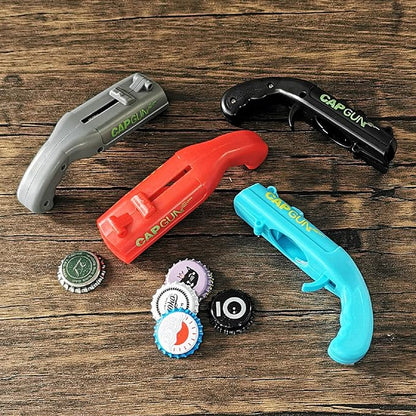 Cap Shooting Bottle Opener Gun - Launches Caps for World Cup Parties, BBQs & Adult Gatherings, Fun Gadget for Men, Unique Gag Gift for Sports Events (4 PC black)