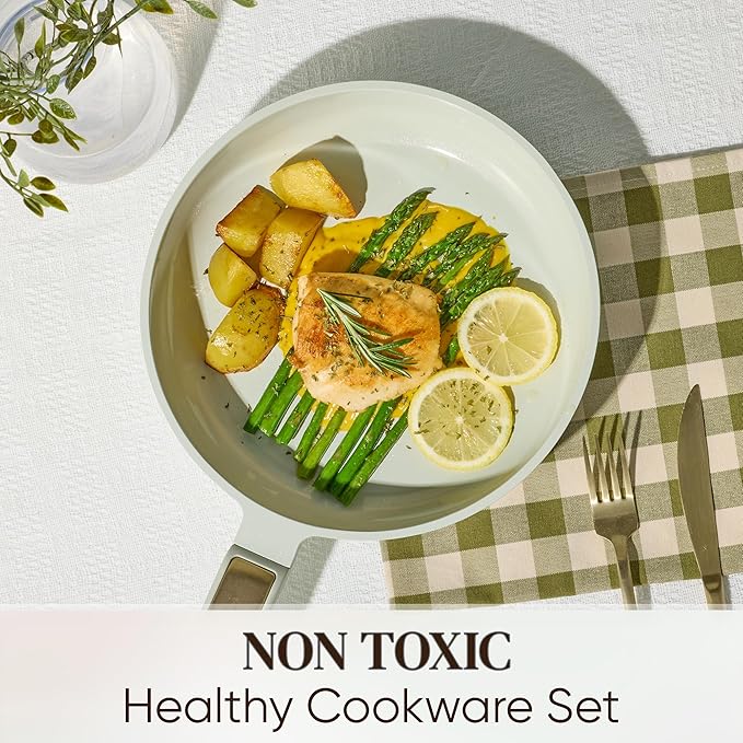 CAROTE Ceramic Cookware Set Nonstick, 14pcs Pots and Pans Set Nonstick, Non-Toxic & PFAS-Free, Dishwasher, RV/Camping Cookware Set, Cooking Pots with Lids, Sage Green - Image 4