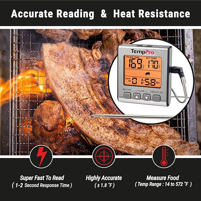 TempPro Digital Meat Thermometer for Cooking and Grilling, BBQ Food Thermometer with Backlight and Kitchen Timer, Grill Temperature Probe Thermometer for Smoker, Oven, Baking,Oil(Previously ThermoPro) - Image 2