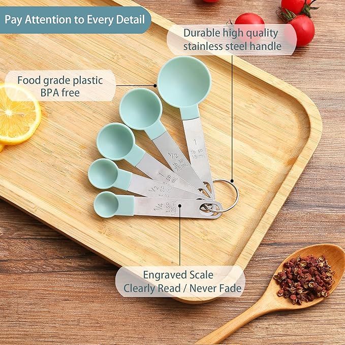 Measuring Cups and Spoons Set of Huygens Kitchen Gadgets 10 Pieces, Stackable Stainless Steel Handle Measuring Cups for Measuring Dry and Liquid Ingredient (Lake blue) - Image 3