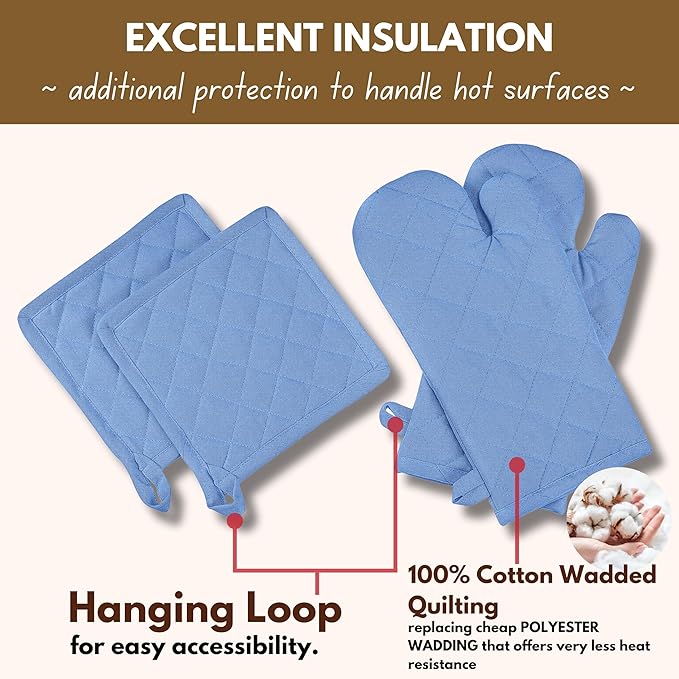 Native Fab Pot Holders and Oven Mitts Sets for Kitchen Heat Resistant - Hanging Non-Slip - 100% Cotton Kitchen Oven Mitts and Pot Holders 4-Piece Set - Blue - Image 4