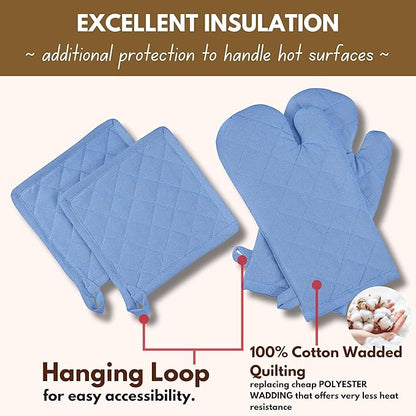 Native Fab Pot Holders and Oven Mitts Sets for Kitchen Heat Resistant - Hanging Non-Slip - 100% Cotton Kitchen Oven Mitts and Pot Holders 4-Piece Set - Blue - Image 4