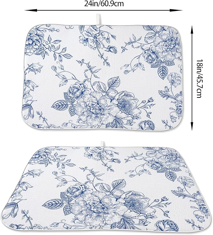 Chinoiserie Floral Dish Drying Mat 18 x 24 inch Vintage Blue Flower Decorative Drying Mats Microfiber Absorbent Dish Washable Draining Mat for Kitchen Counter Decor