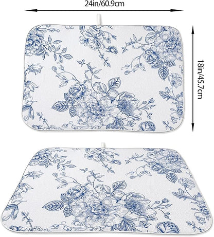 Chinoiserie Floral Dish Drying Mat 18 x 24 inch Vintage Blue Flower Decorative Drying Mats Microfiber Absorbent Dish Washable Draining Mat for Kitchen Counter Decor