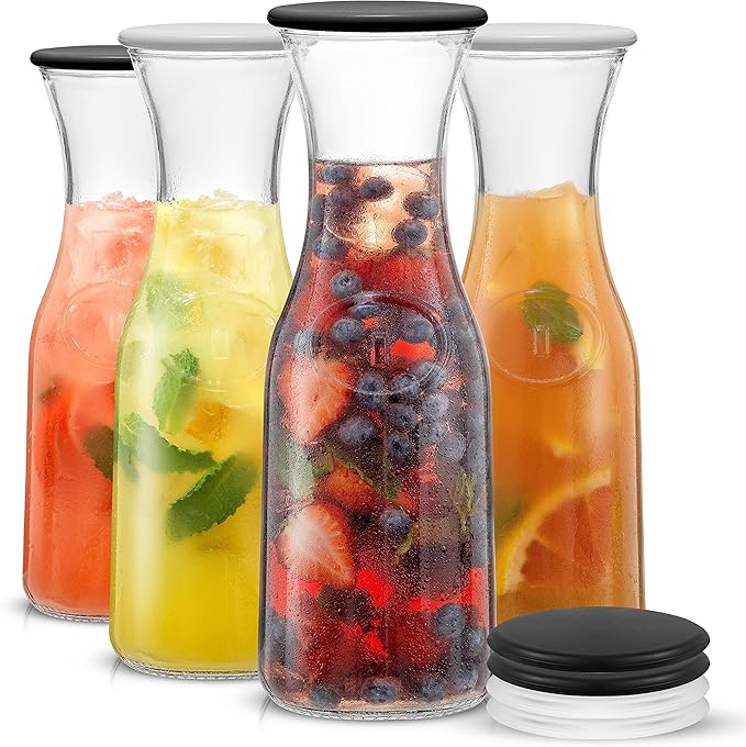 JoyJolt Glass Carafe with Lid, Set of 4 – 1 Liter Glass Pitcher for Mimosa Bar, Water, Iced Tea, Juice, Wine, Lemonade, Milk – Dishwasher Safe Beverage Drink Dispensers for Brunch, Parties by JoyJolt
