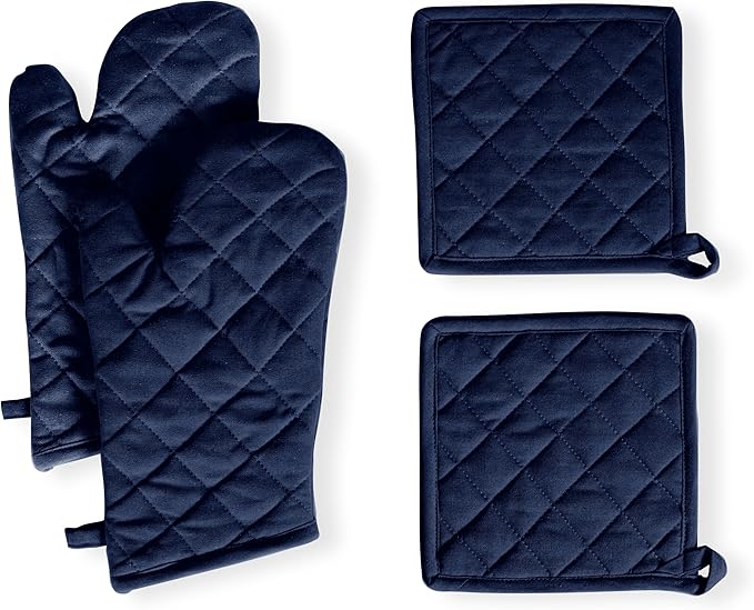 Native Fab 4 Piece Set - 2 Oven Mitts & 2 Potholders, Heat Resistant, 100% Cotton, Quilted Design, Non-Slip Grip, Machine Washable, Ideal for Baking, Cooking, BBQ, Kitchen Protection - Navy Blue by NativeFab