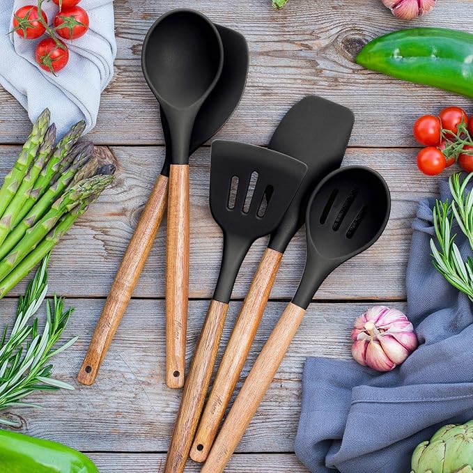 Kitchen Utensils Set, Silicone Cooking Utensils Set,Non-Stick Silicone Spatula Set with Natural Acacia Hard Wood Handle, 5 Piece, Upgraded Thickened Cookware - Image 7