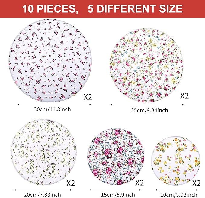 10Pcs Reusable Bowl Covers In 5 Size, Stretch Cloth Fabric Dish Cover Kitchen Storage Containers Lids for Fruits Food Leftover Dough Bread Proofing