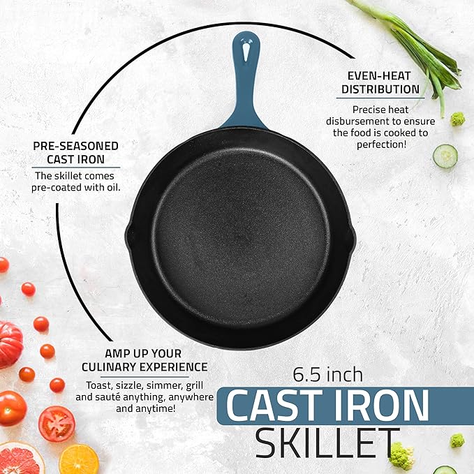 Utopia Kitchen Cast Iron Frying Pan 6.5 Inch, Cast Iron Chefs Pan, Pre Seasoned Skillet, Safe Grill Cookware for Indoor & Outdoor Use, Teal - Image 3