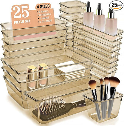 Kitchen Desk Drawer Organizers Storage for Office, Small Acrylic Vanity Trays Makeup Organizer for Drawer Bathroom Plastic Make up Organizers 25 Pcs Clear Champagne